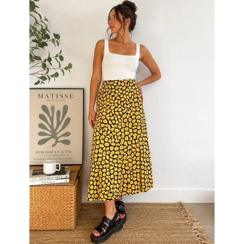 Kate Spade New York Floral‎ Midi Skirt Yellow Brown Pink Size 0 NWOT